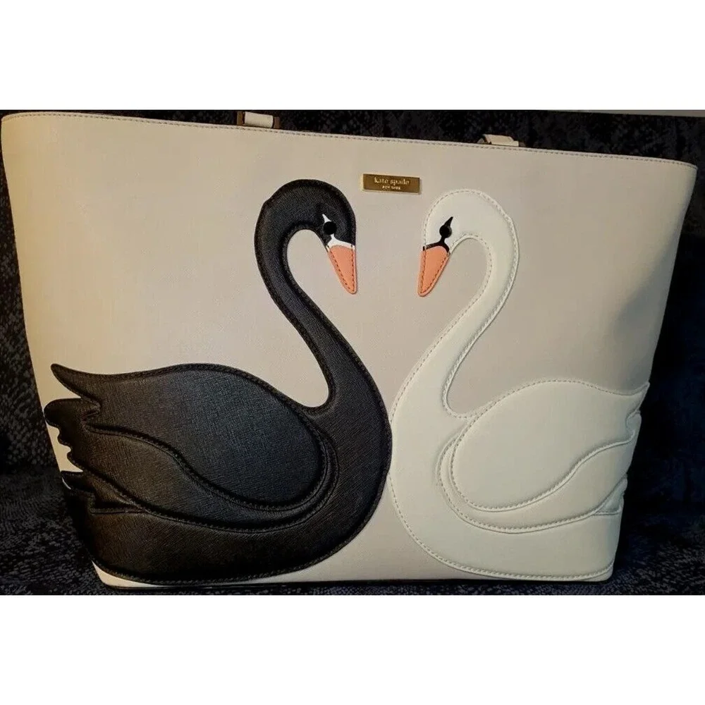 Kate Spade On Pointe Large Swan Tote Black And White Swans 10" Strap Gray Clean - Picture 1 of 16